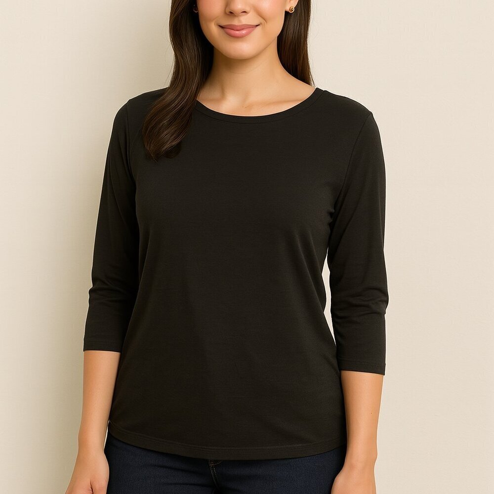 CeCe Black Long Sleeve Stretch Blouse Size L Crew Neck Office Casual
